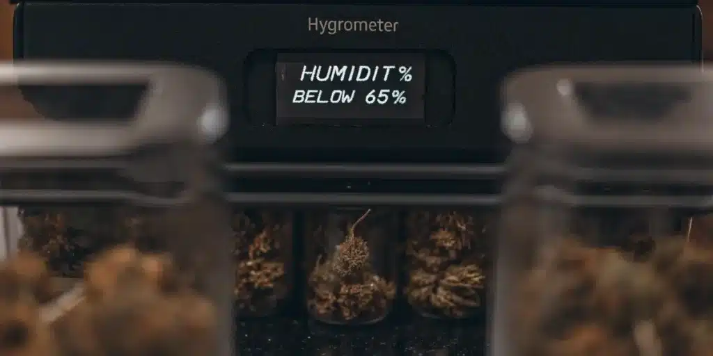 Hygrometer displaying humidity below 65 percent during cannabis curing with jars of dried buds in the background.
