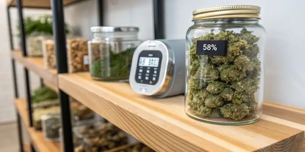 Cured cannabis buds stored in a glass jar marked 58% humidity beside a humidity control device.