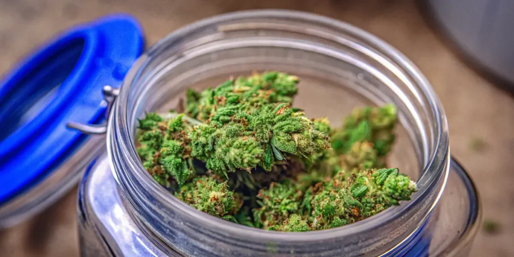 Cannabis buds stored inside a sealed curing jar for humidity control and terpene preservation.