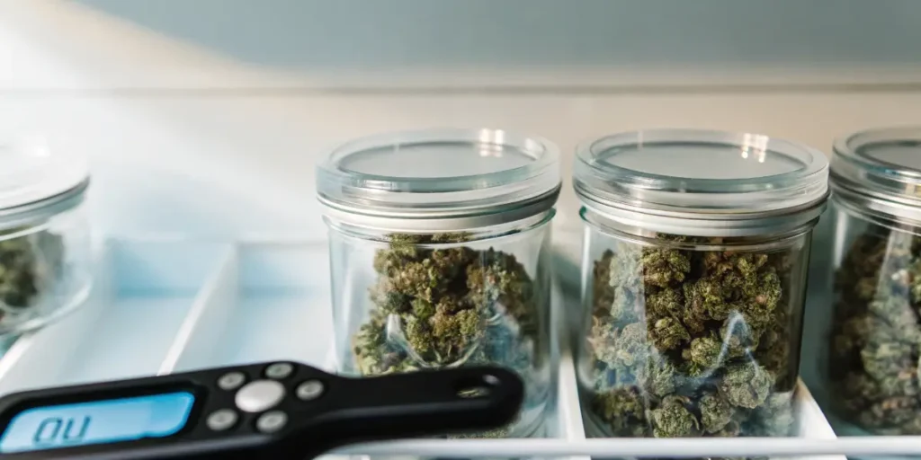 Cannabis buds in glass curing jars with a handheld meter used for water activity testing and moisture control.