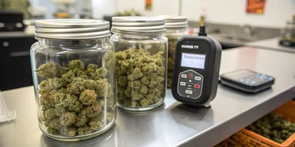 Cured cannabis buds stored in glass jars next to a humidity and temperature control monitor.