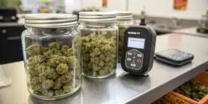 Cured cannabis buds stored in glass jars next to a humidity and temperature control monitor.