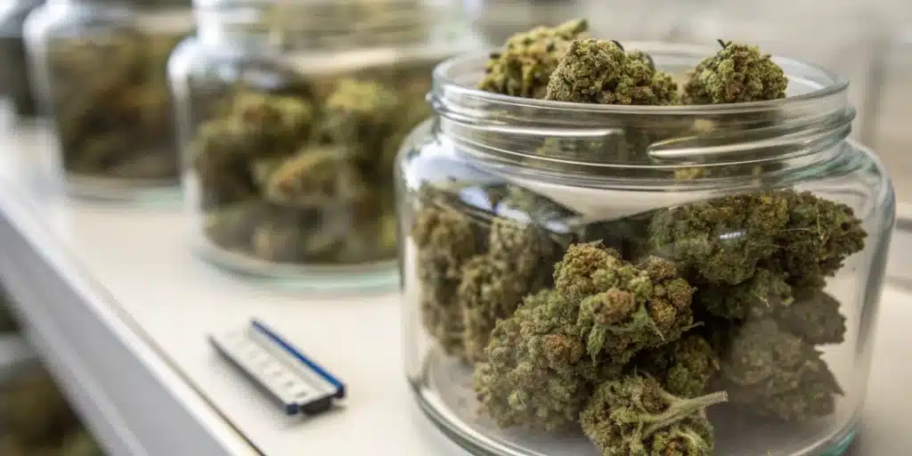Cannabis curing jars filled with dried buds stored under controlled humidity conditions for long-term preservation.