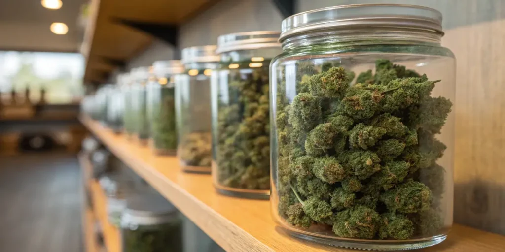 Glass jars filled with cured cannabis buds arranged on a wooden storage shelf in a controlled environment.