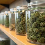 Glass jars filled with cured cannabis buds arranged on a wooden storage shelf in a controlled environment.
