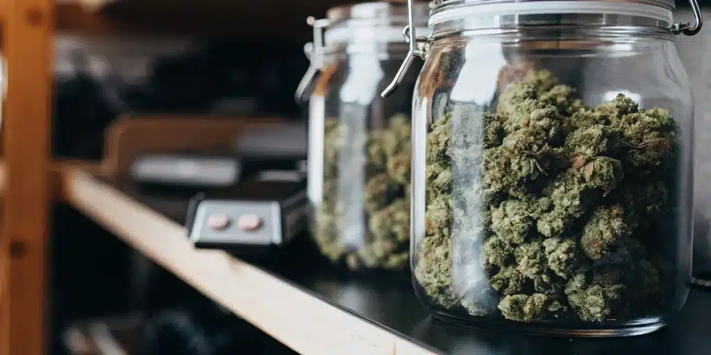 Glass jars filled with cured cannabis buds stored on a shelf during the curing and preservation process.