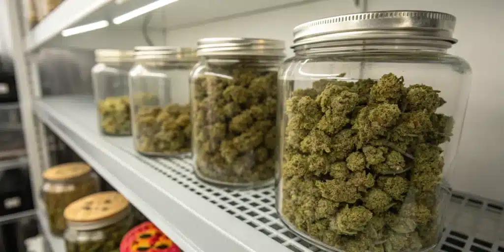Glass jars packed with cured cannabis flowers are neatly stored on industrial shelving in a dedicated curing area. The storage system supports consistent curing conditions, product organization, and quality preservation while protecting the aroma, flavor, and cannabinoid profile of the cannabis buds.