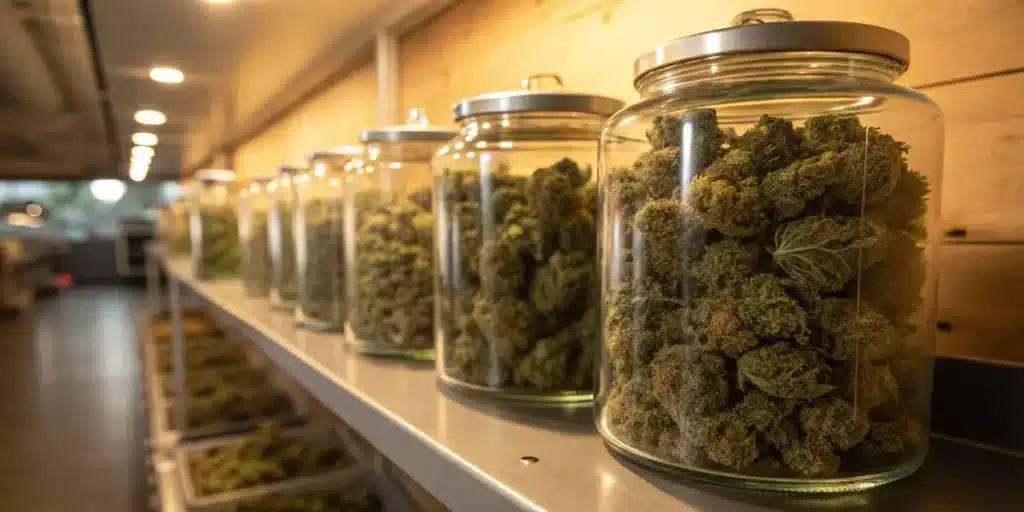 Large glass jars filled with cured cannabis buds arranged on shelves inside a professional storage and curing room.