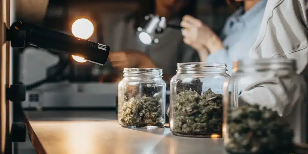 Cannabis flowers curing in glass jars during laboratory inspection and moisture monitoring procedures.