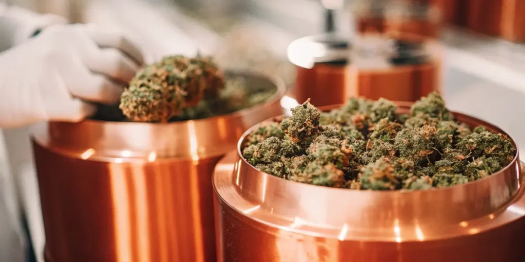 Technician handling cannabis buds inside curing barrels during the post-harvest cannabis curing process.