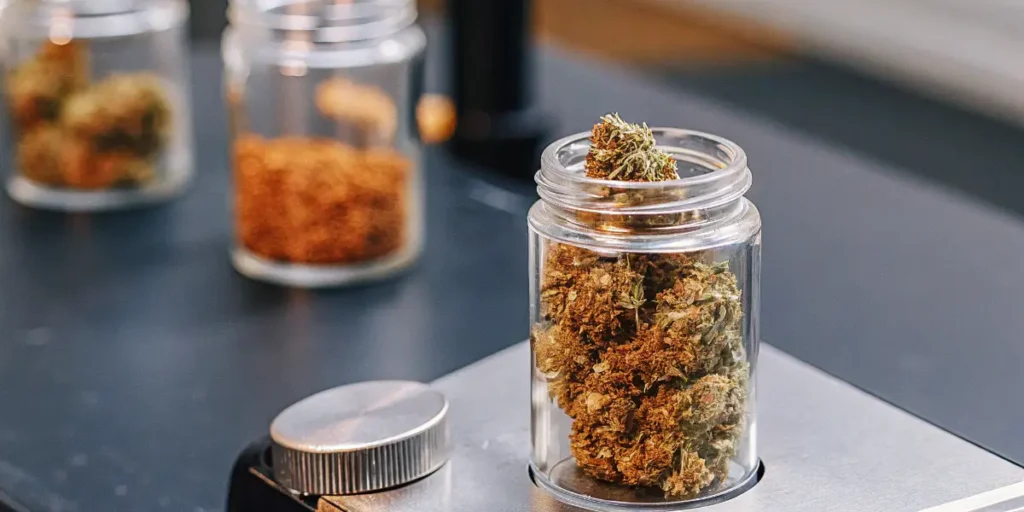 Glass jar filled with cured cannabis buds placed on a precision scale for quality assessment and storage control.