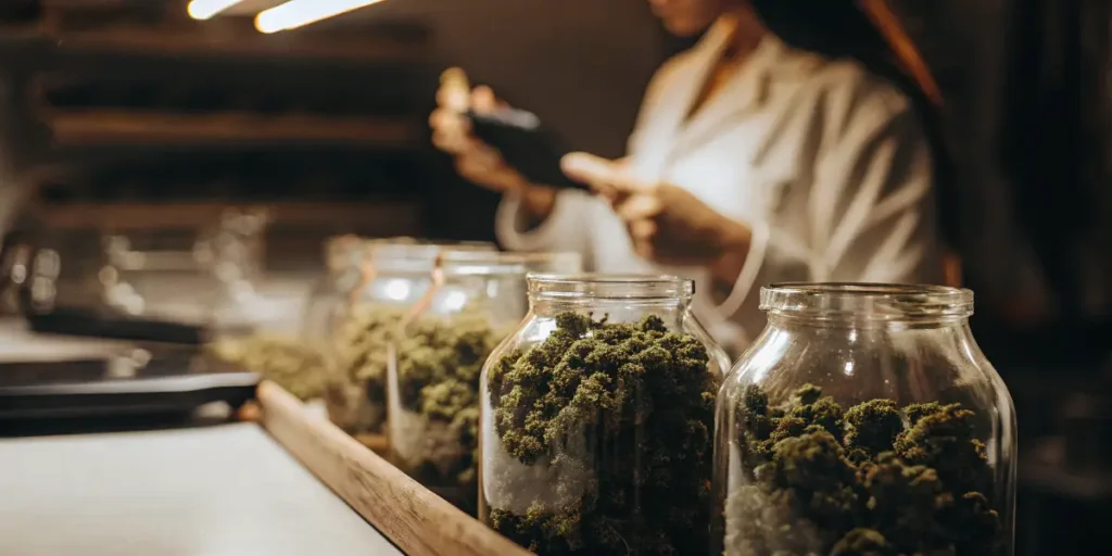 Glass jars filled with curing cannabis flowers while a technician performs quality control inspections.
