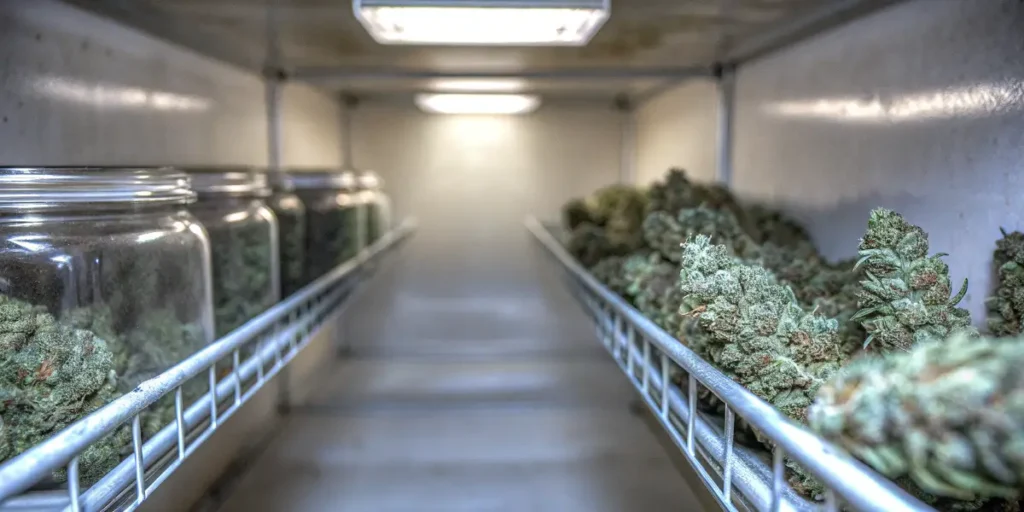 Cannabis buds and curing jars arranged on storage shelves inside a controlled curing room.
