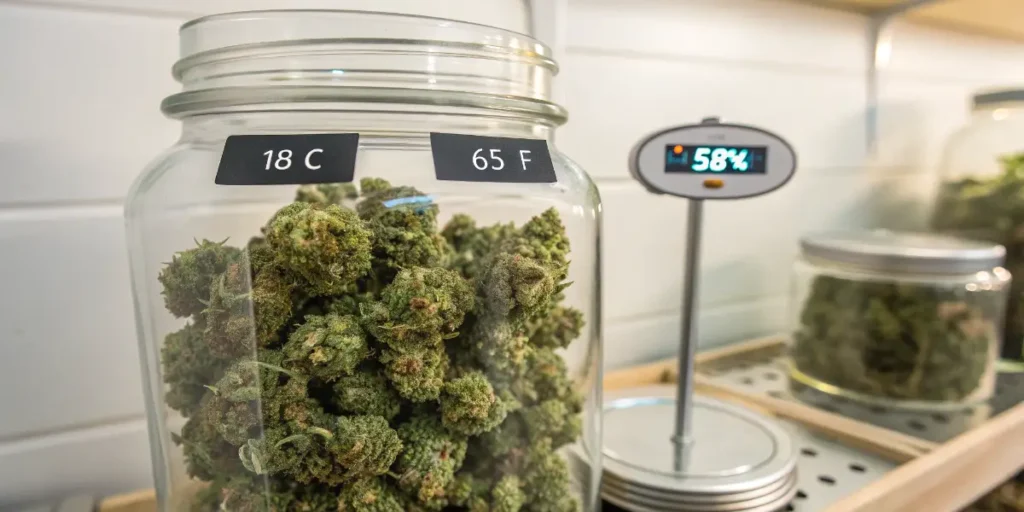 Glass jar of cannabis buds labeled at 65°F and 58% humidity for proper curing and storage.