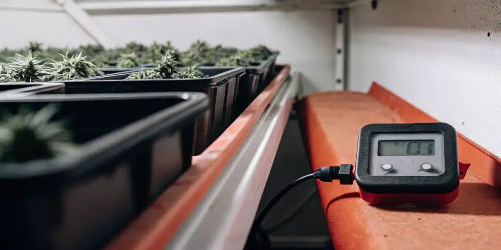 Cannabis buds curing in trays with a digital humidity monitor tracking environmental conditions.