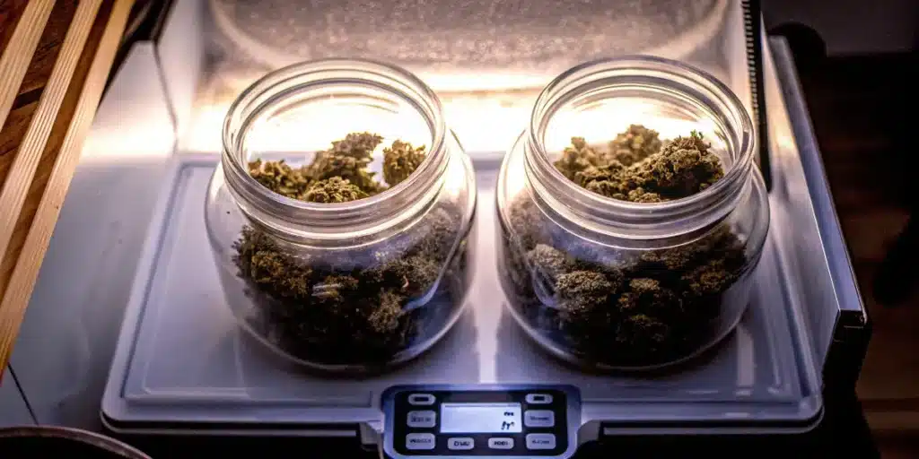 Glass jars filled with cannabis buds placed on a digital scale during the curing and storage process.