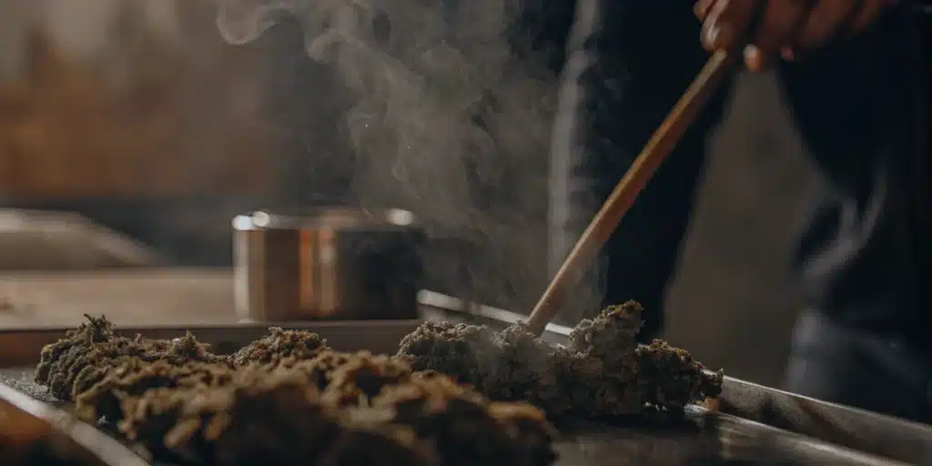 Cannabis decarboxylation process with flower material being heated and stirred during preparation.
