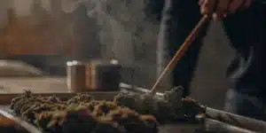 Cannabis decarboxylation process with flower material being heated and stirred during preparation.