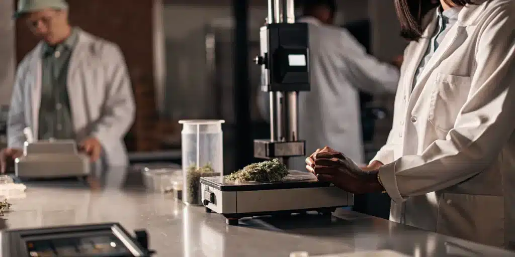 Cannabis density testing laboratory with technicians analyzing flower samples using precision equipment.