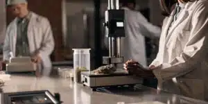 Cannabis density testing laboratory with technicians analyzing flower samples using precision equipment.