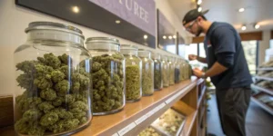 Cannabis dispensary strain selection displayed in glass jars with customer reviewing available varieties.