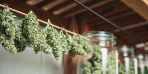 Freshly harvested cannabis branches hanging to dry indoors before the curing and storage process.