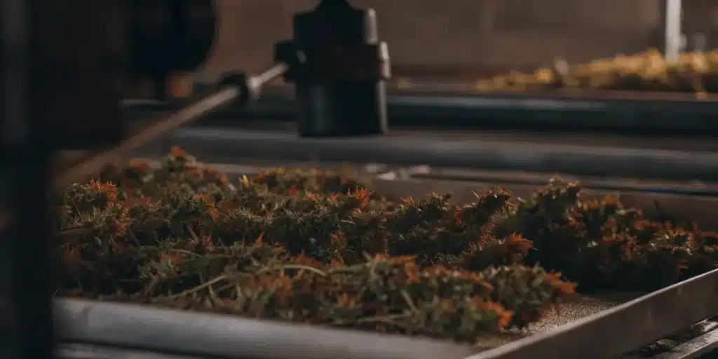 Freshly harvested cannabis buds arranged on drying trays during the post-harvest drying process.