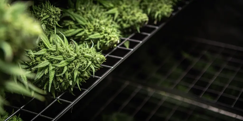 Freshly harvested cannabis buds arranged on drying racks during the post-harvest drying process.