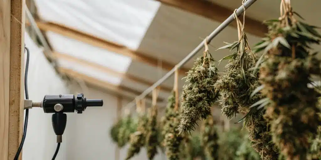 Cannabis flowers hanging in a drying room with environmental monitoring equipment for humidity control.
