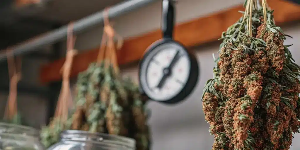Freshly harvested cannabis branches hanging in a drying room with a humidity gauge monitoring curing conditions.