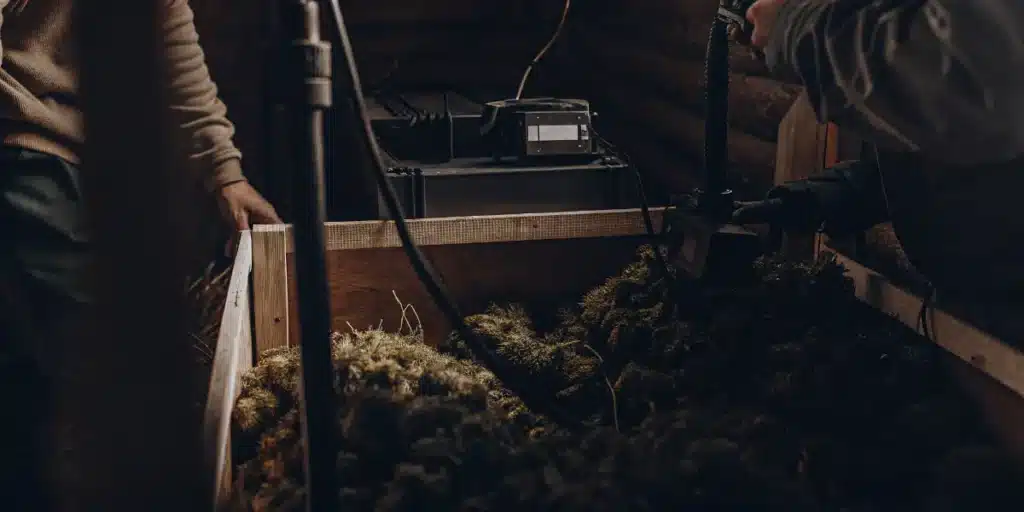 Cannabis flowers drying in a controlled post-harvest room with moisture monitoring equipment and quality control procedures.