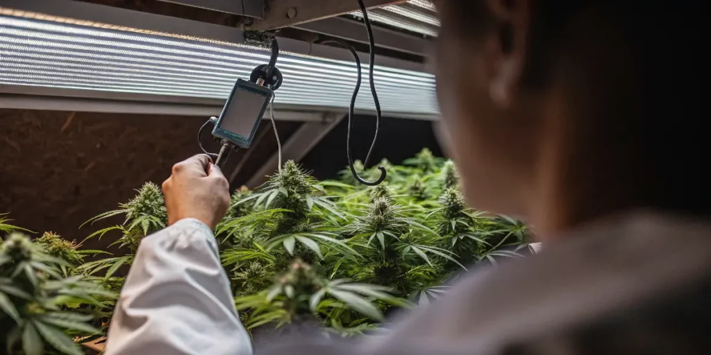 Cannabis cultivation specialist using a digital environmental monitoring device above flowering plants in an indoor grow room.