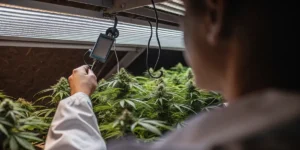 Cannabis cultivation specialist using a digital environmental monitoring device above flowering plants in an indoor grow room.