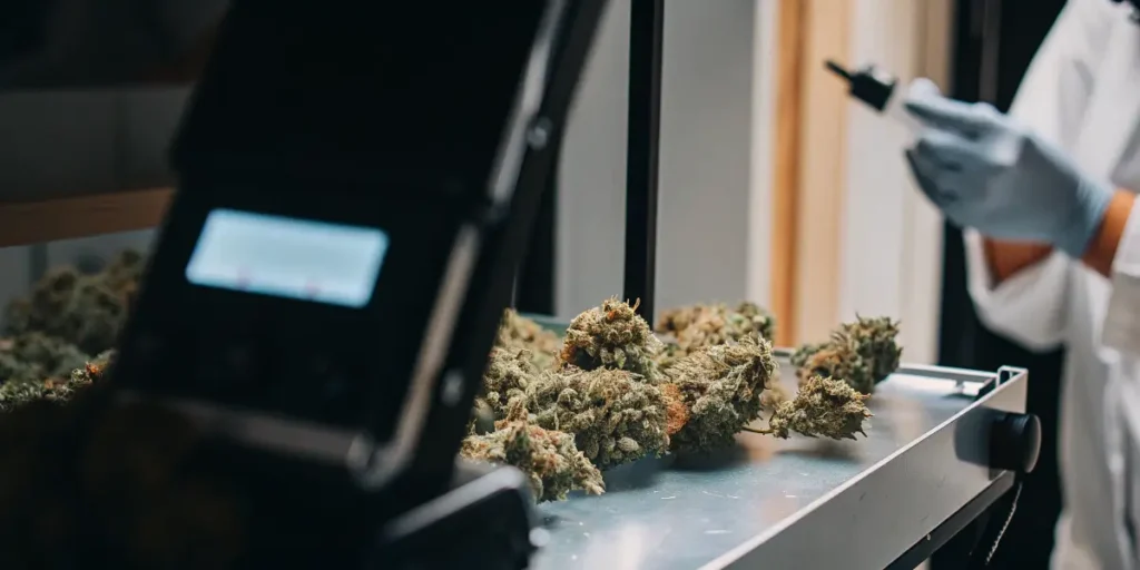 Laboratory technician performing cannabis flower AW testing procedure on harvested buds during quality assurance inspection.