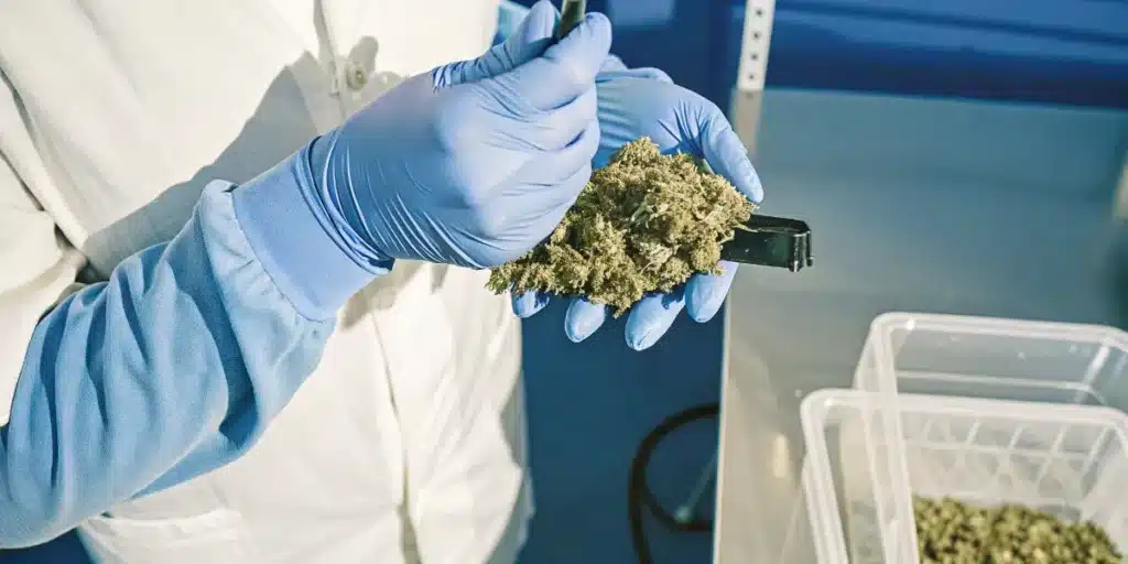 Laboratory technician inspecting a cannabis flower sample during quality control and testing procedures.