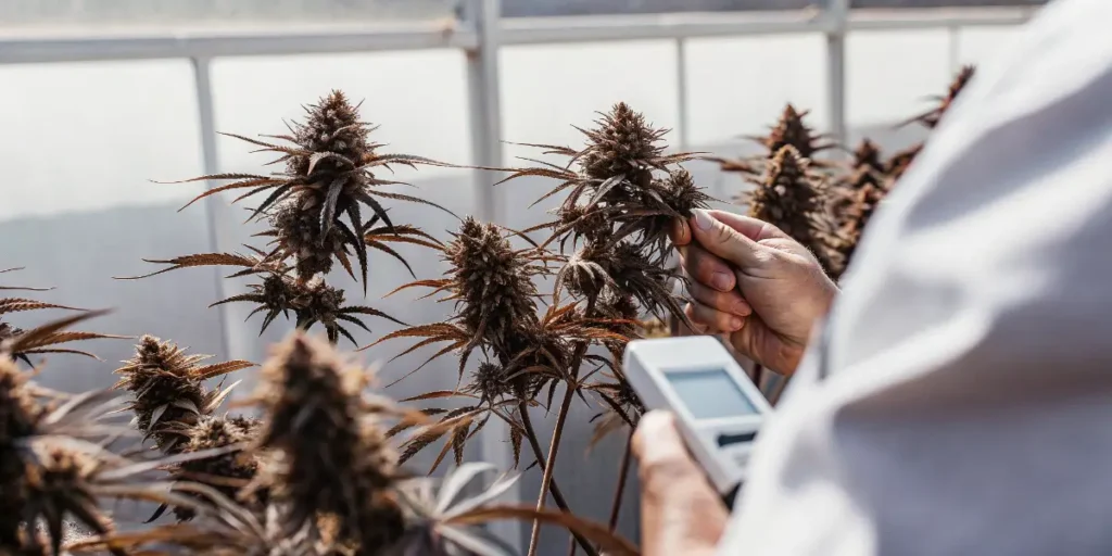 Technician inspecting mature cannabis flowers while using a digital moisture testing device in a greenhouse environment.