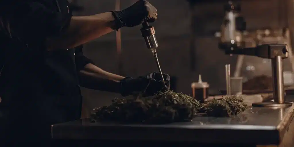 Technician conducting cannabis flower quality analysis with specialized testing equipment in a laboratory environment.
