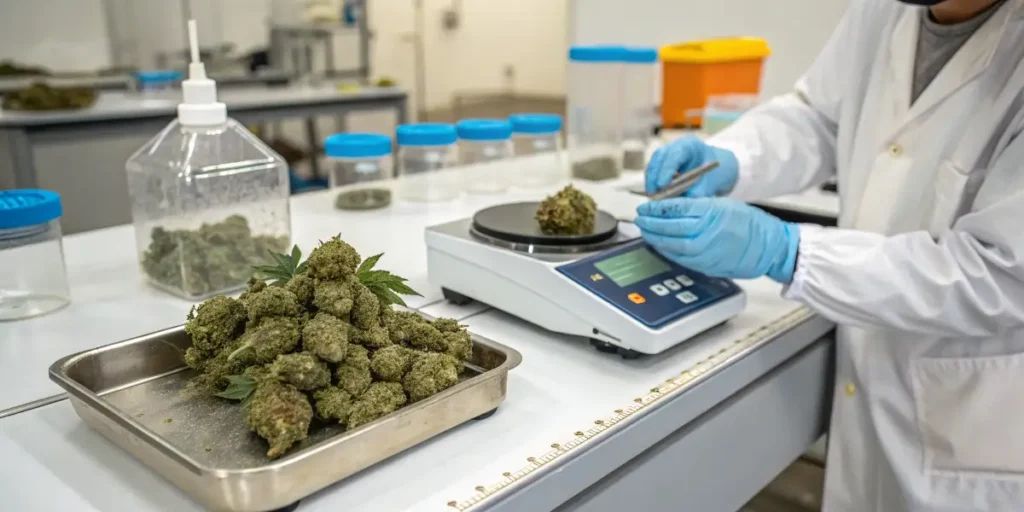 Laboratory technician weighing and evaluating cannabis flower samples during quality testing procedures.