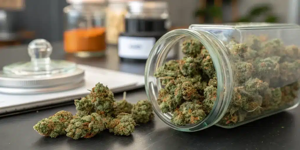 Dried cannabis buds stored in a glass container with flowers arranged beside the jar.