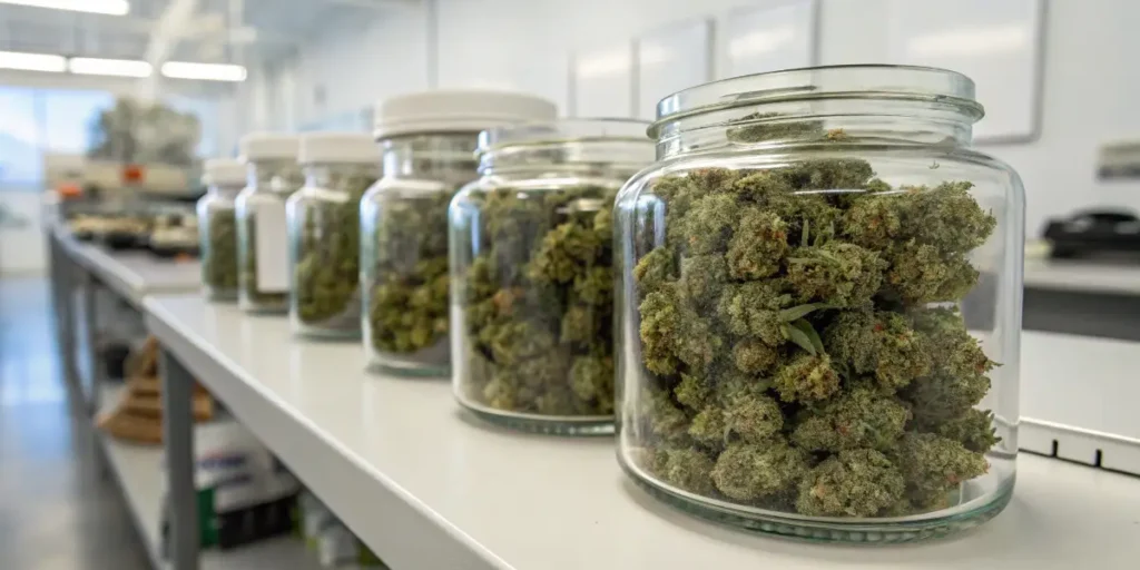 Premium cannabis flowers stored in glass jars on a laboratory workbench for quality preservation and curing.