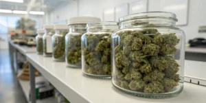 Premium cannabis flowers stored in glass jars on a laboratory workbench for quality preservation and curing.