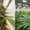 Cannabis flowering stage comparison showing mature buds and early flowering plants in an indoor grow facility.