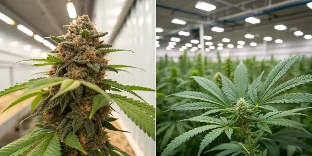 Cannabis flowering stage comparison showing mature buds and early flowering plants in an indoor grow facility.