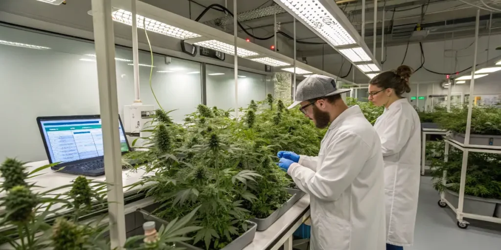Cannabis researchers evaluating plants and recording cultivation data in a breeding laboratory.