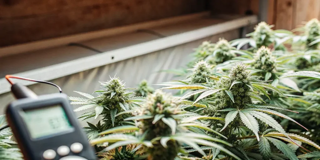 Flowering cannabis plants in an indoor grow room with an environmental monitoring device measuring cultivation conditions.