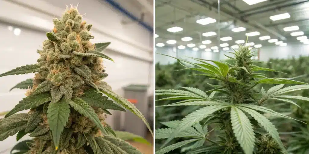 Cannabis growth stage side by side with mature flowers compared to developing flowering plants indoors.