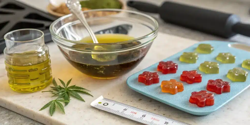 Cannabis-infused oil and colorful THC gummies being prepared on a kitchen countertop.