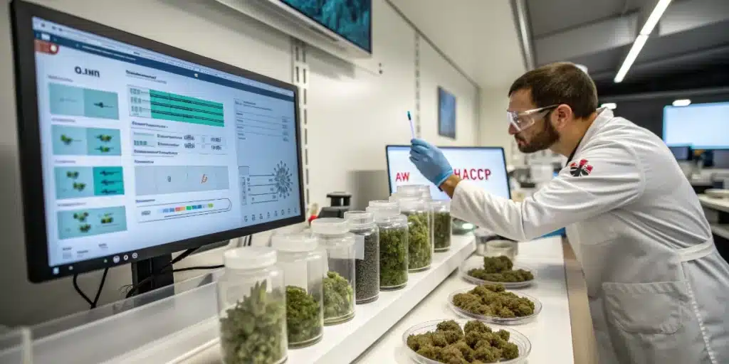 Cannabis HACCP quality control with a technician analyzing samples and reviewing laboratory data.