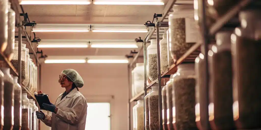 Cannabis inventory quality audit performed by a laboratory worker checking stored flower containers.