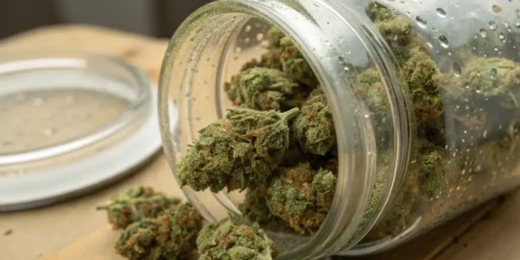 Cannabis buds stored in a glass jar with visible condensation caused by humidity fluctuations and moisture buildup.